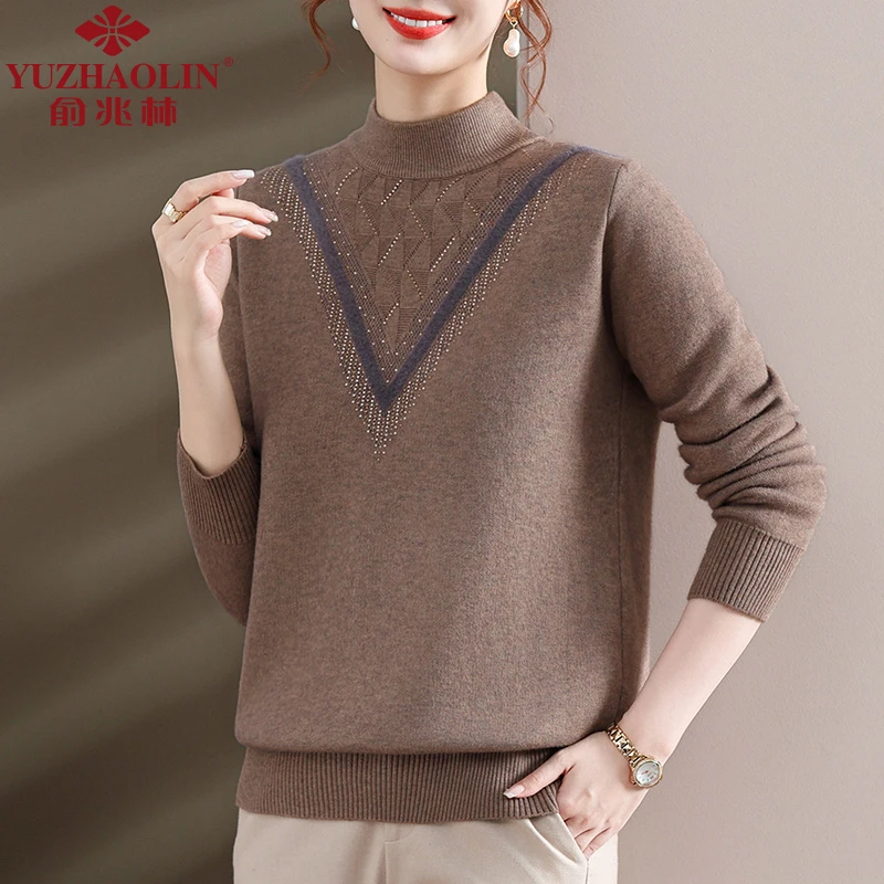 妈妈装新款毛衣2023秋冬加绒加厚上衣中老年妇女50岁保暖打底衫