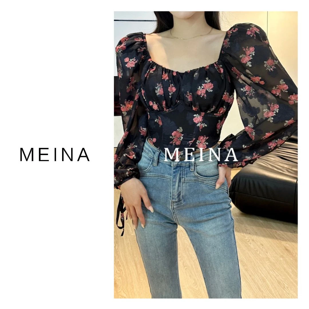 MEINA【梦露花园】设计感方领花色短小众气质收腰印花泡泡袖上衣