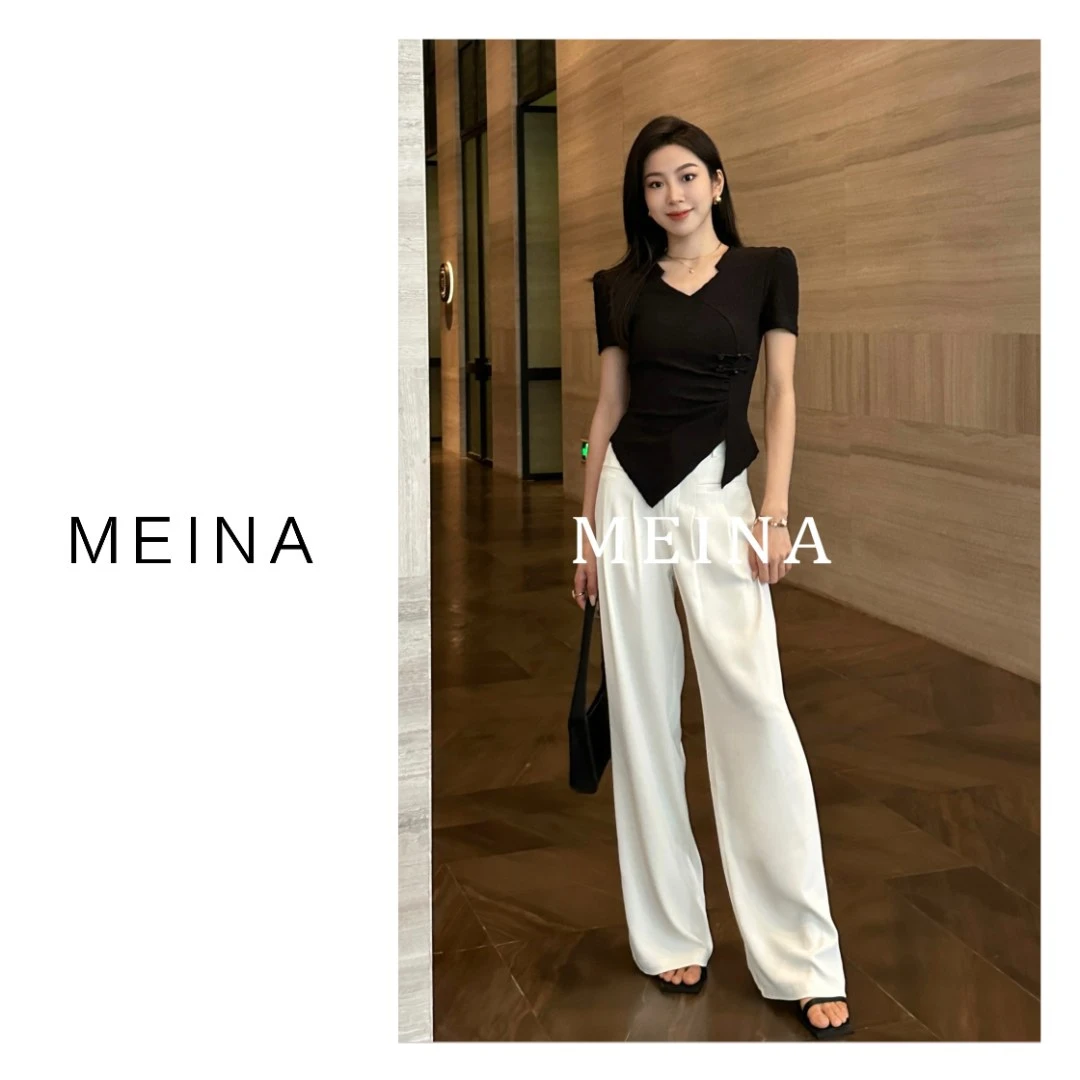 MEINA【ins博主】白色休闲拖地裤高腰小众设计宽松直筒高端阔腿裤