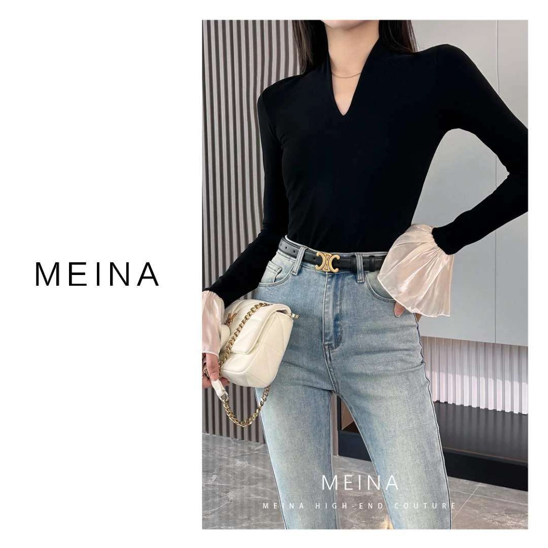 MEINA【华尔兹】2023早秋显瘦气质针织设计感喇叭袖内搭V领长袖上衣