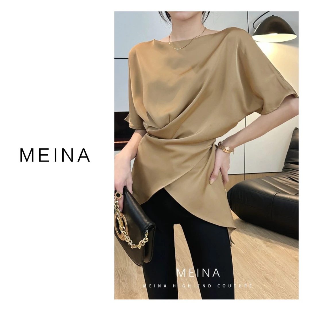 MEINA【纸醉金迷】夏季设计感时尚气质半袖衬衫不规则交叉系上衣