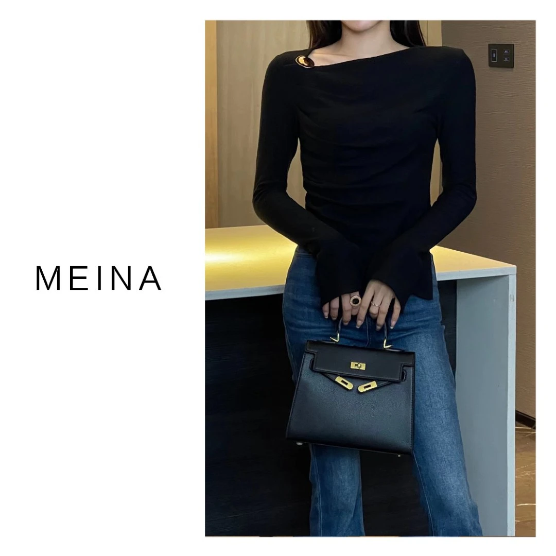 MEINA【午后慕斯】清-小众别针装饰不规则修身褶皱设计感别致上衣