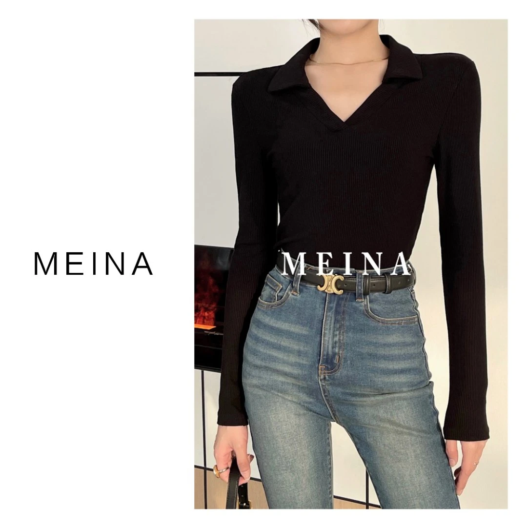 MEINA【冷欲姐姐】翻领针织polo衫百搭新款修身显瘦长袖打底衫上衣