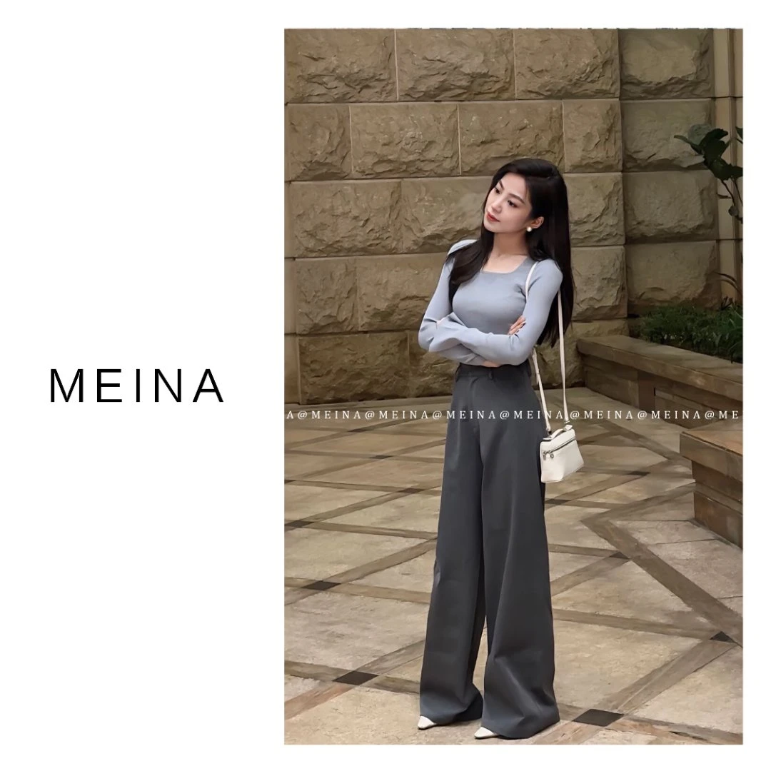 MEINA【灰色轨迹】灰色高腰直筒休闲裤西装女秋季2023新款宽松长裤