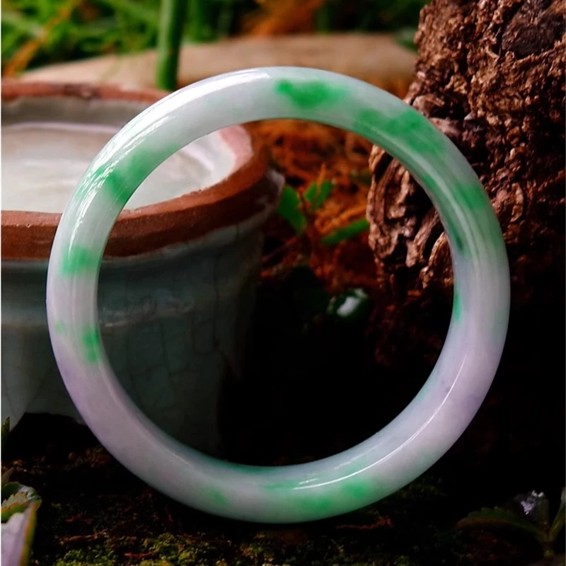 晴一绿4623天然A货缅甸老坑冰糯种正阳绿翡翠飘花手镯子证书58