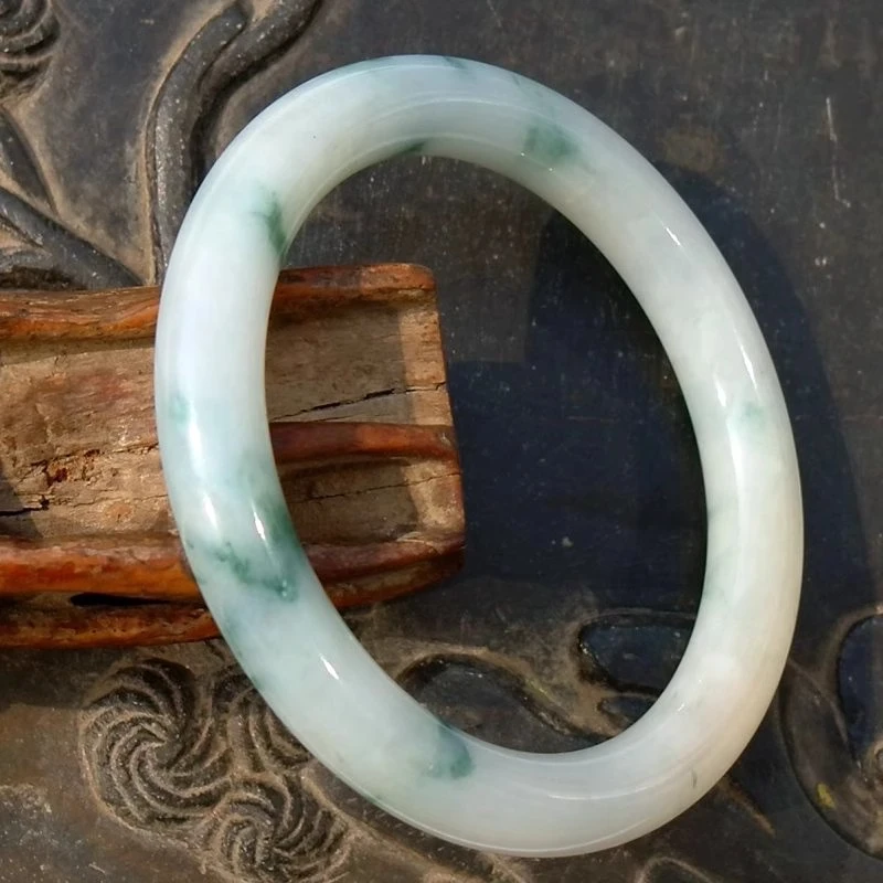 乐一意4371天然A货缅甸老坑飘花翡翠圆条手镯子水头好带证书56