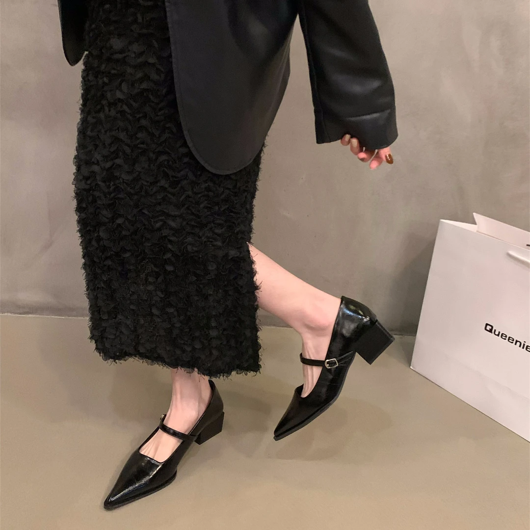 【万达撤柜】中高跟黑色尖头单鞋女鞋2024新款春秋冬季玛丽珍晚晚鞋