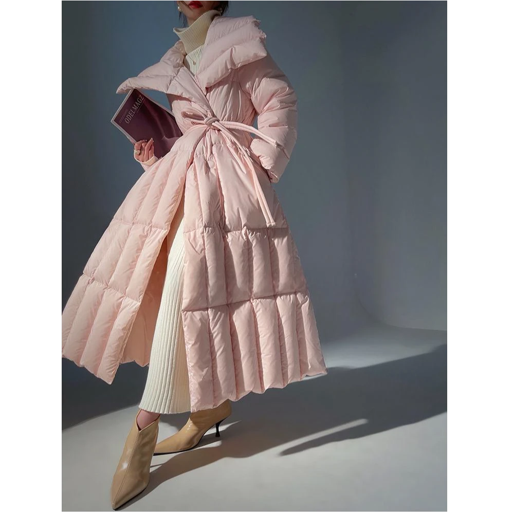 蔓如依24801#90鹅绒长款大翻领羽绒服