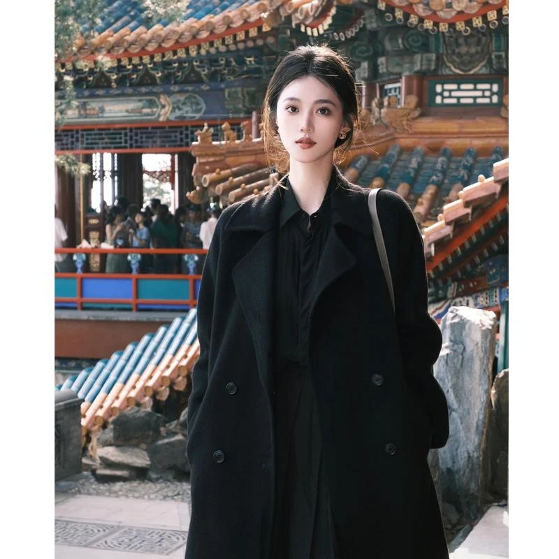 黑色长款呢子大衣女2023秋冬季新款毛呢外套高级感小个子今年流行