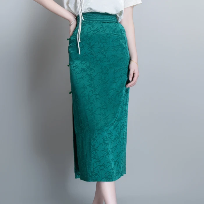新中式提花包臀翠微绿色中裙6572