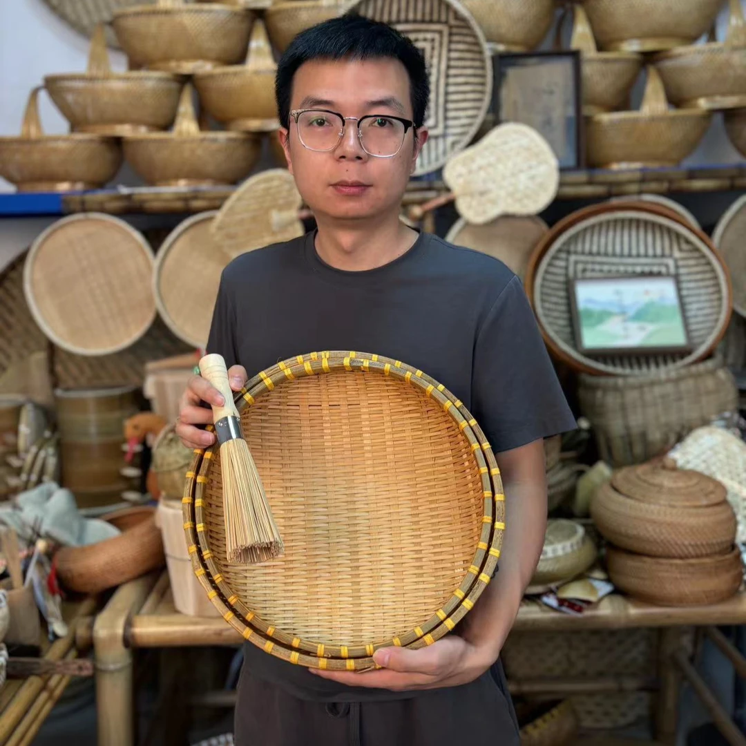 （眼睛竹编）烟熏竹编三件套收纳篮馒头筐33+33+竹刷把