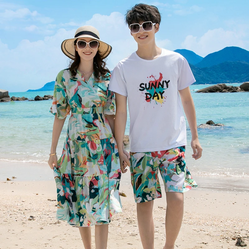拍结婚登记照情侣装夏季沙滩海边女款连衣裙男短袖衣潮牌海岛度假