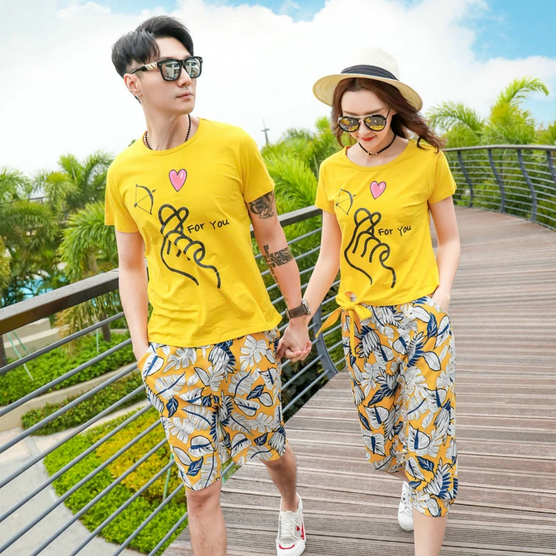 大码沙滩情侣装夏装高级感短袖班服t恤夏季百搭韩版套装一男一女