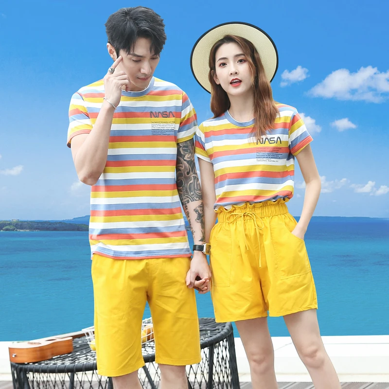 不一样的情侣装夏装小清新女小个子衣服三亚男女休闲运动套装条纹