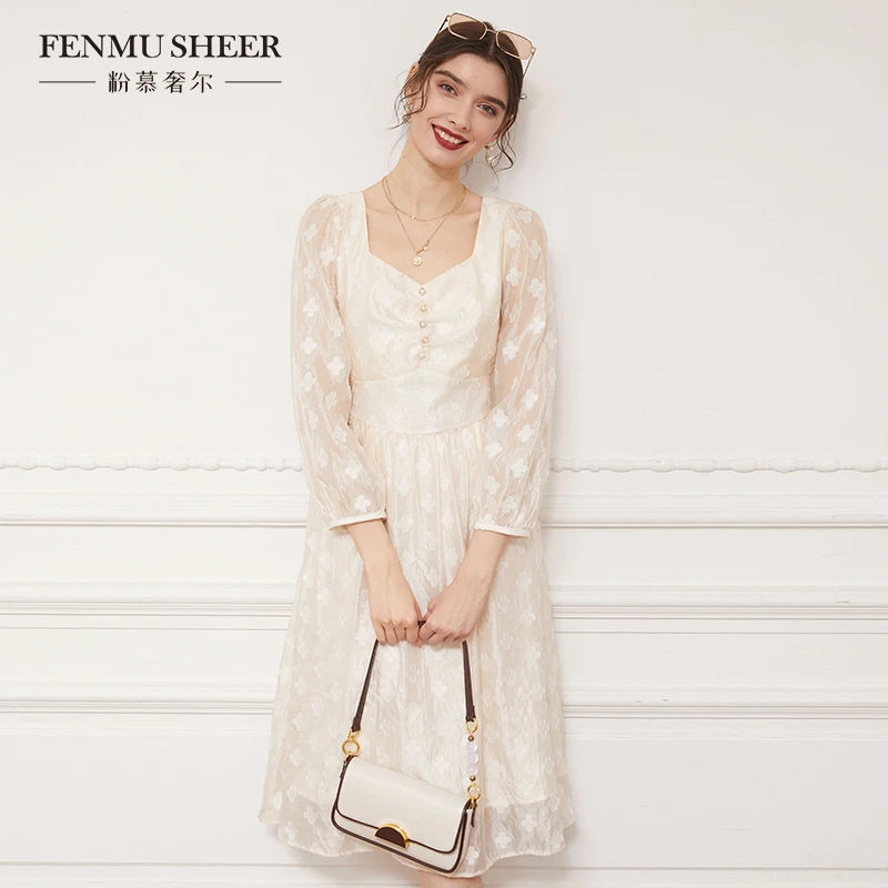 【粉丝专享】粉慕奢尔雪纺碎花连衣裙V领显瘦收腰中长裙子-D518