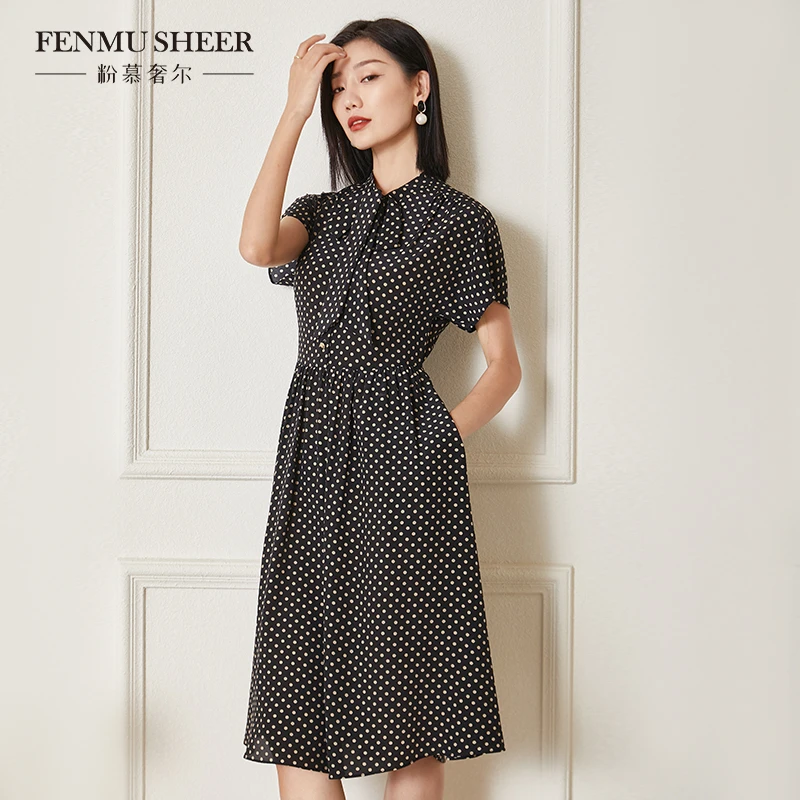 【粉丝专享】粉慕奢尔『海伦娜』桑蚕丝蝴蝶结波点短袖连衣裙女-D1509