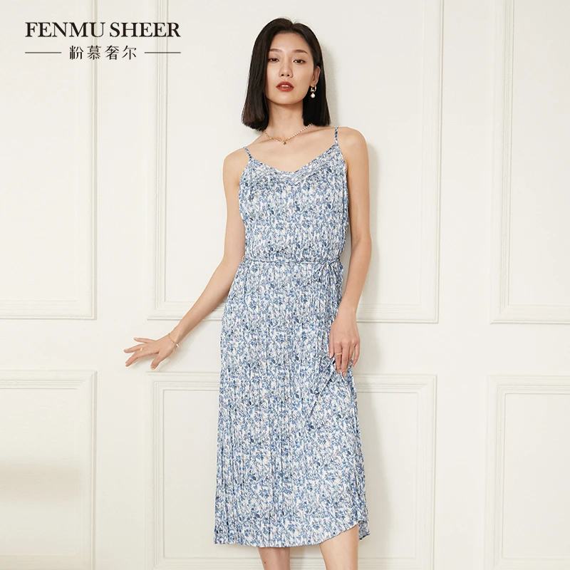 【粉丝专享】粉慕奢尔『东方气韵』印花褶艺吊带女士碎花连衣裙-D1385