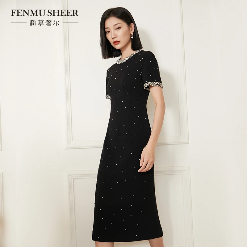 【粉丝专享】粉慕奢尔「满天星」三醋酸重工镶钻收腰名媛连衣裙D1356