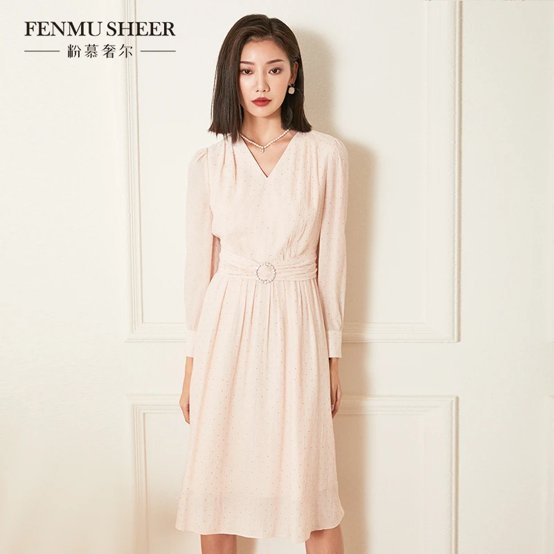 【粉丝专享】粉慕奢尔「克拉恋人」浪漫V领甜美收高腰连衣裙D1102