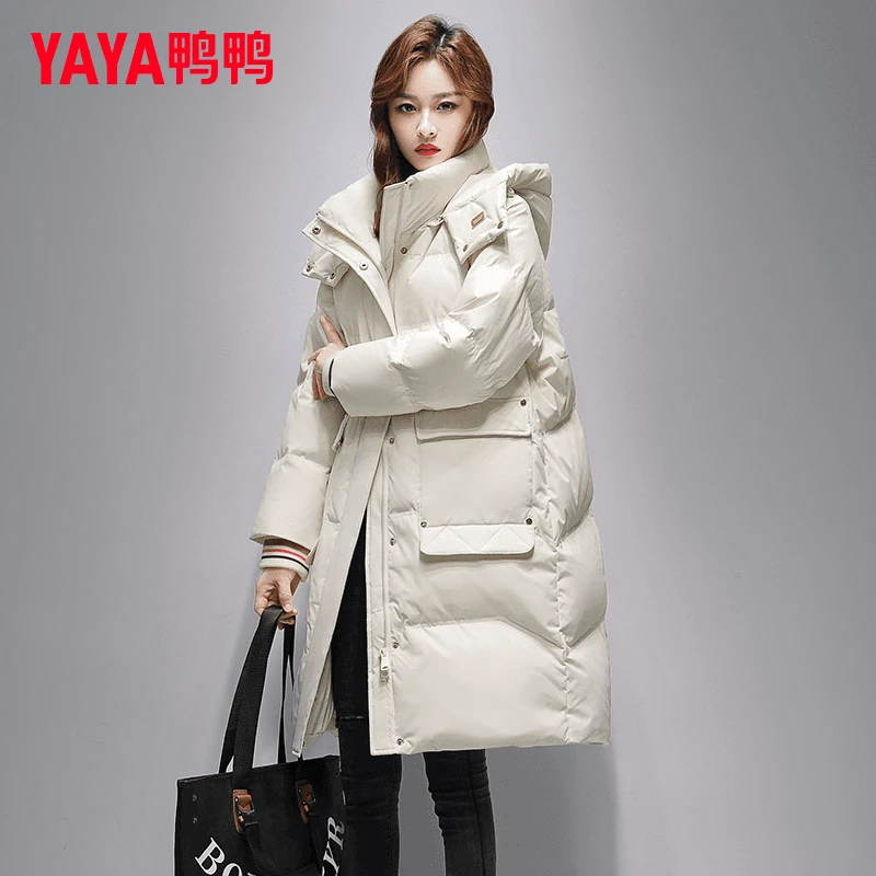 YAYA/鸭鸭冬季羽绒服女中长款连帽时尚百搭户外防风加厚保暖外套