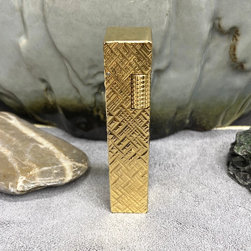 好运达煤油打火机四方机小金条升级版镀金手雕锉刀纹侧滑窄机金色