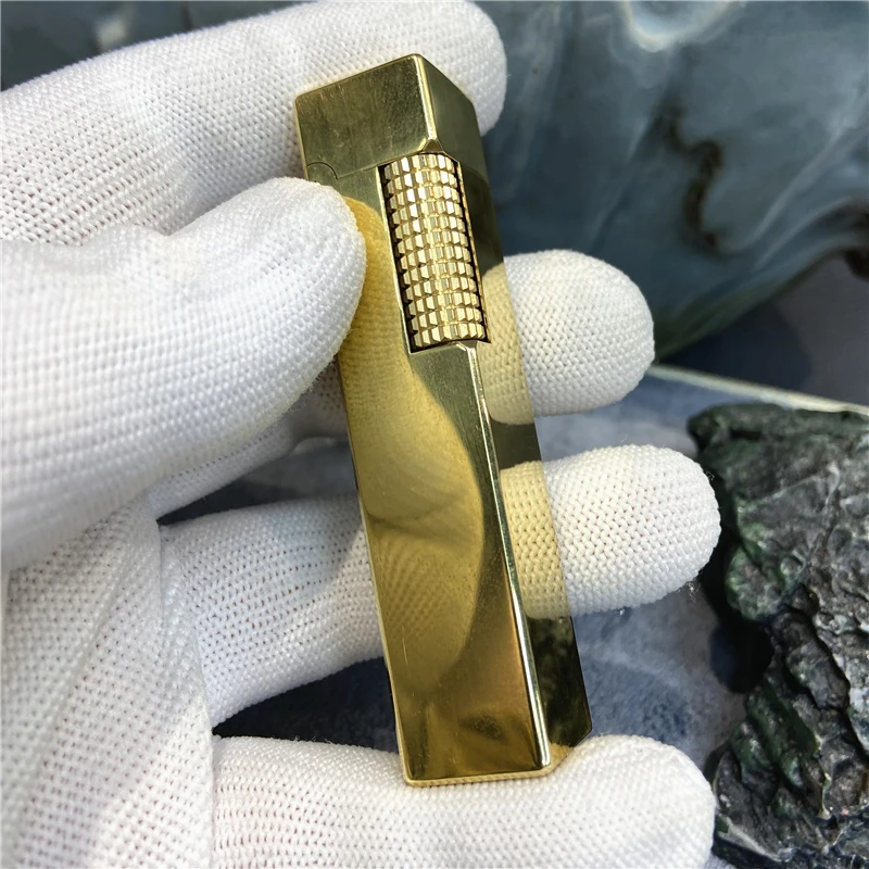好运达四方机小金条煤油打火机光板镜面纯黄铜侧滑点火三代长搓轮