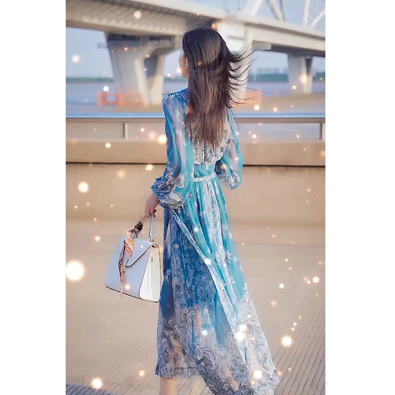 081长袖连衣裙蓝色气质复古印花长款法式系带时尚长裙