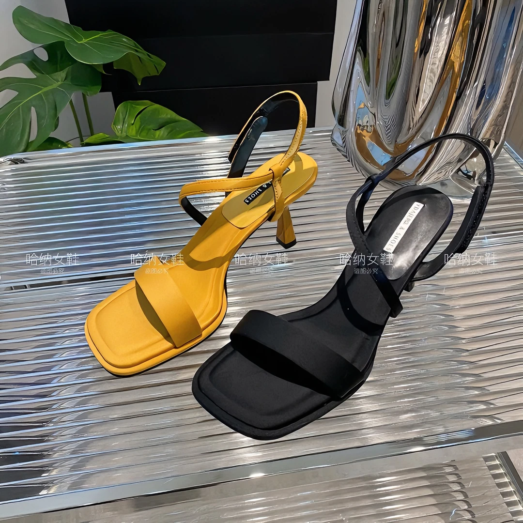 YD310593高跟鞋女鞋夏方头一字带露趾法式细跟百搭简约仙女风凉鞋