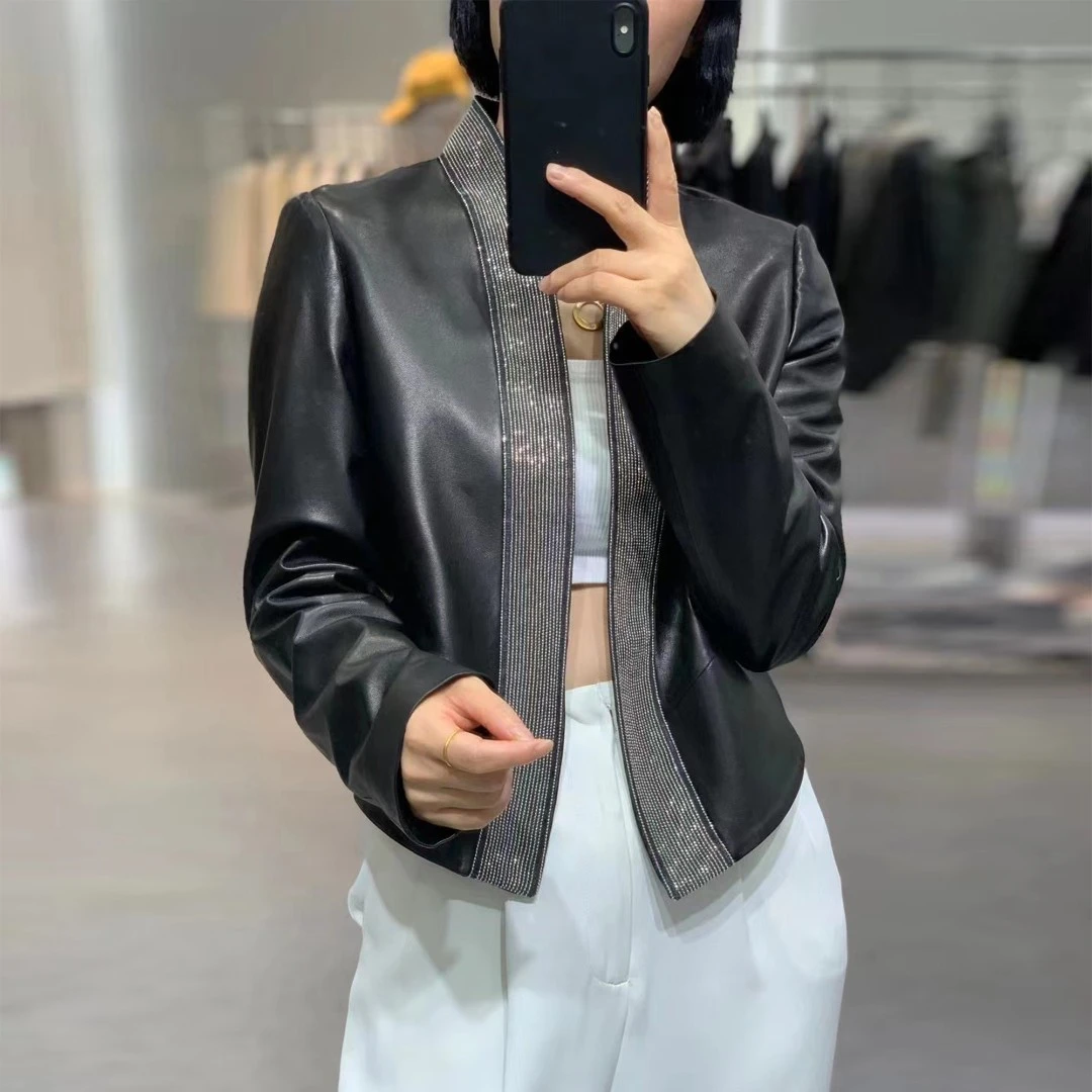 海宁2025新款时尚名媛真皮皮衣女高级感短款修身绵羊皮皮夹克外套
