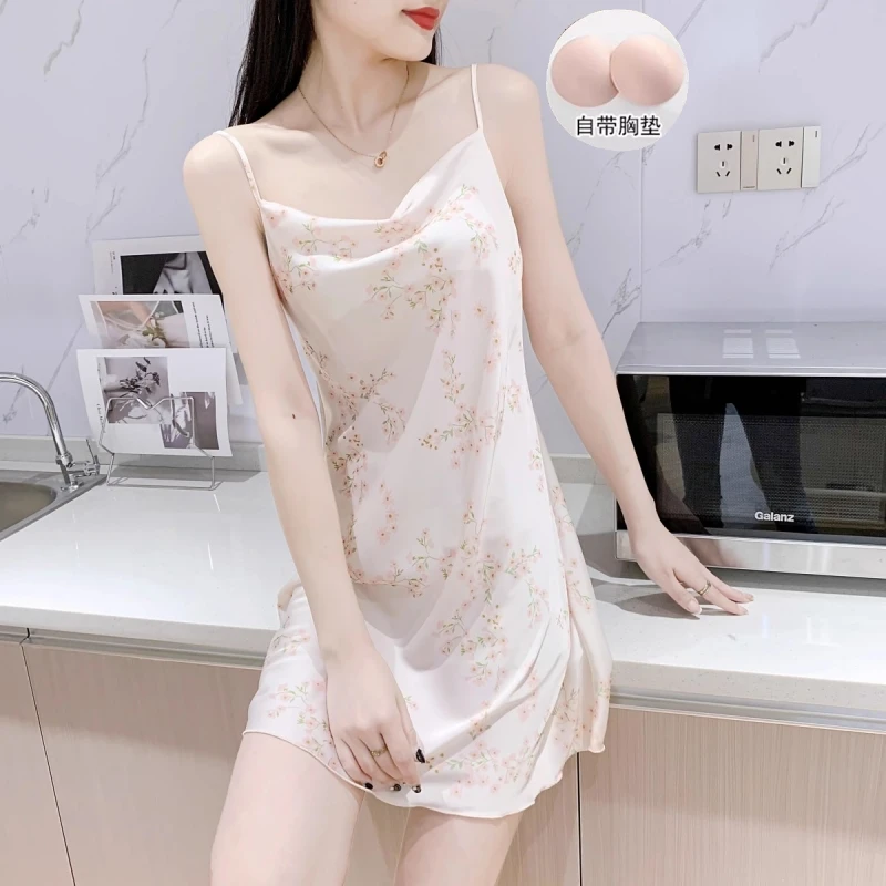 带胸垫2025新款纯欲风薄款吊带冰丝睡裙女夏季美背丝滑睡衣家居服