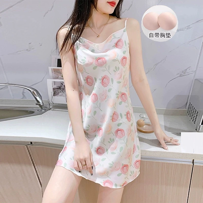 带胸垫纯欲风碎花V领吊带睡裙女夏季冰丝薄款性感睡衣少女家居服