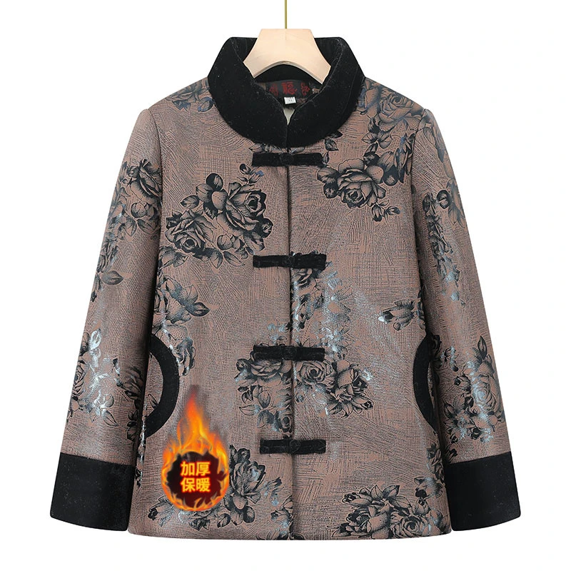 KALUOLAI/卡洛莱中老年秋冬加绒加厚保暖复古中国风棉服中式外套