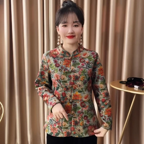 2024冬季新款新中式盘扣奥丽绒碎花时尚百搭中老年妈妈装厚外套