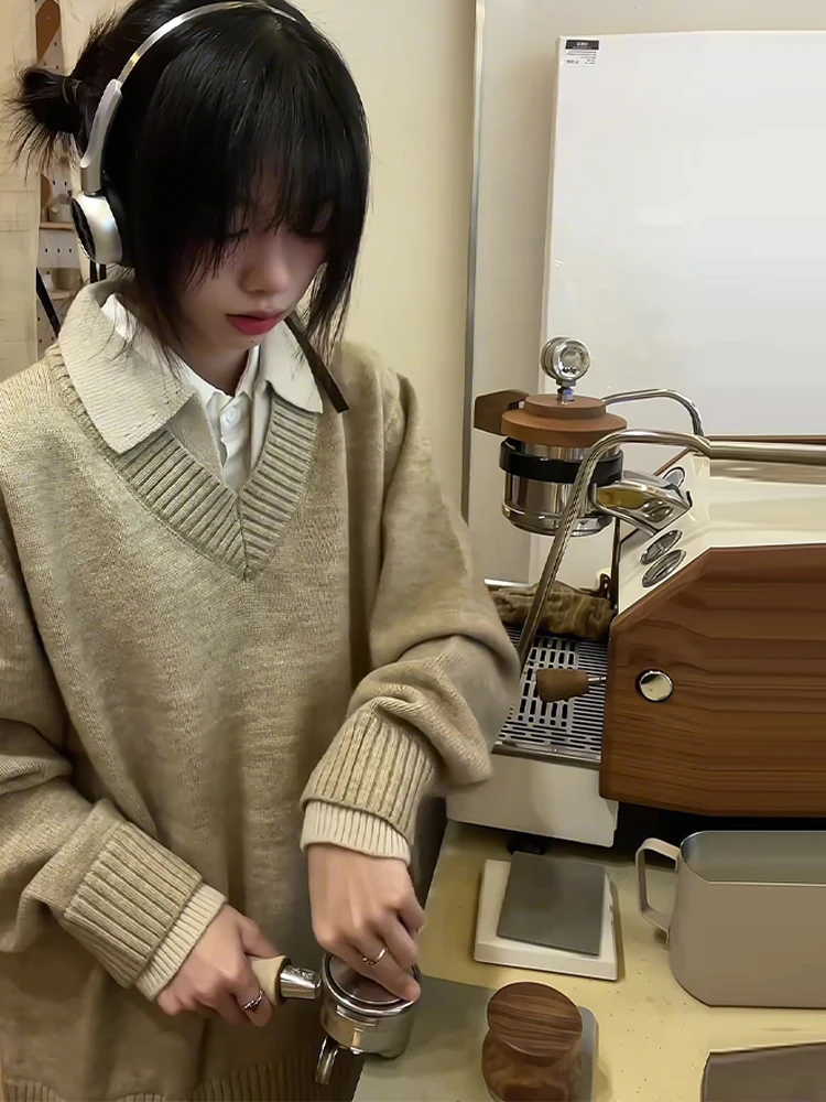 美式复古假两件v领毛衣男款冬季翻领老钱风针织衫上衣慵懒风外套