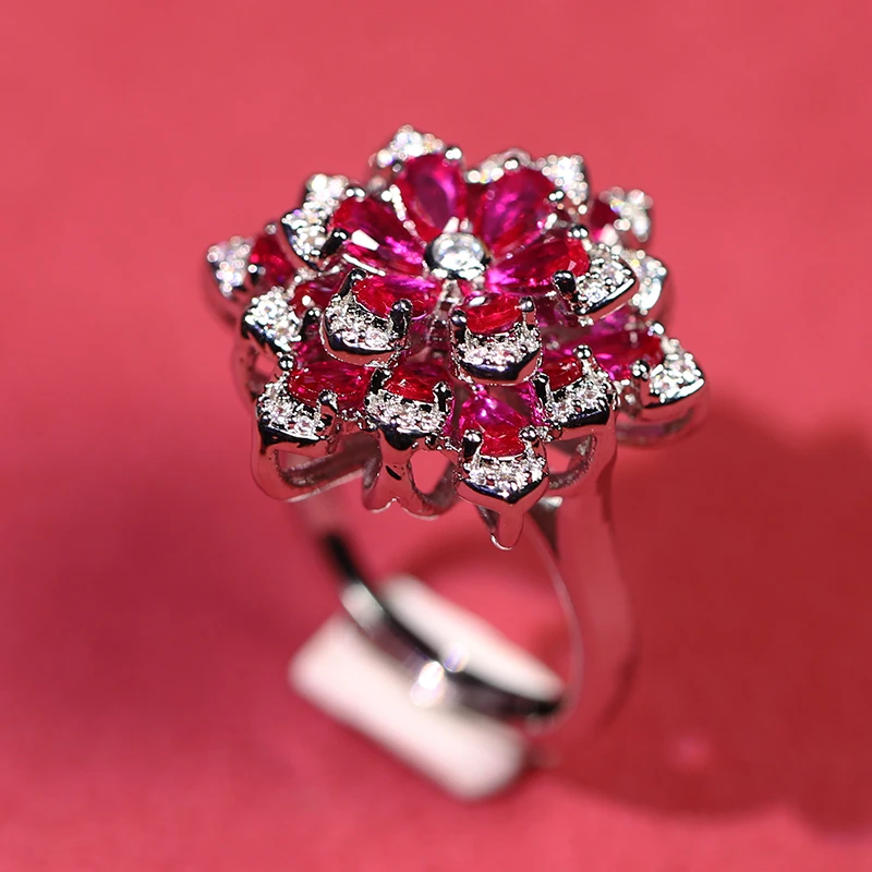 时尚气质红色莲花宝石戒指x344