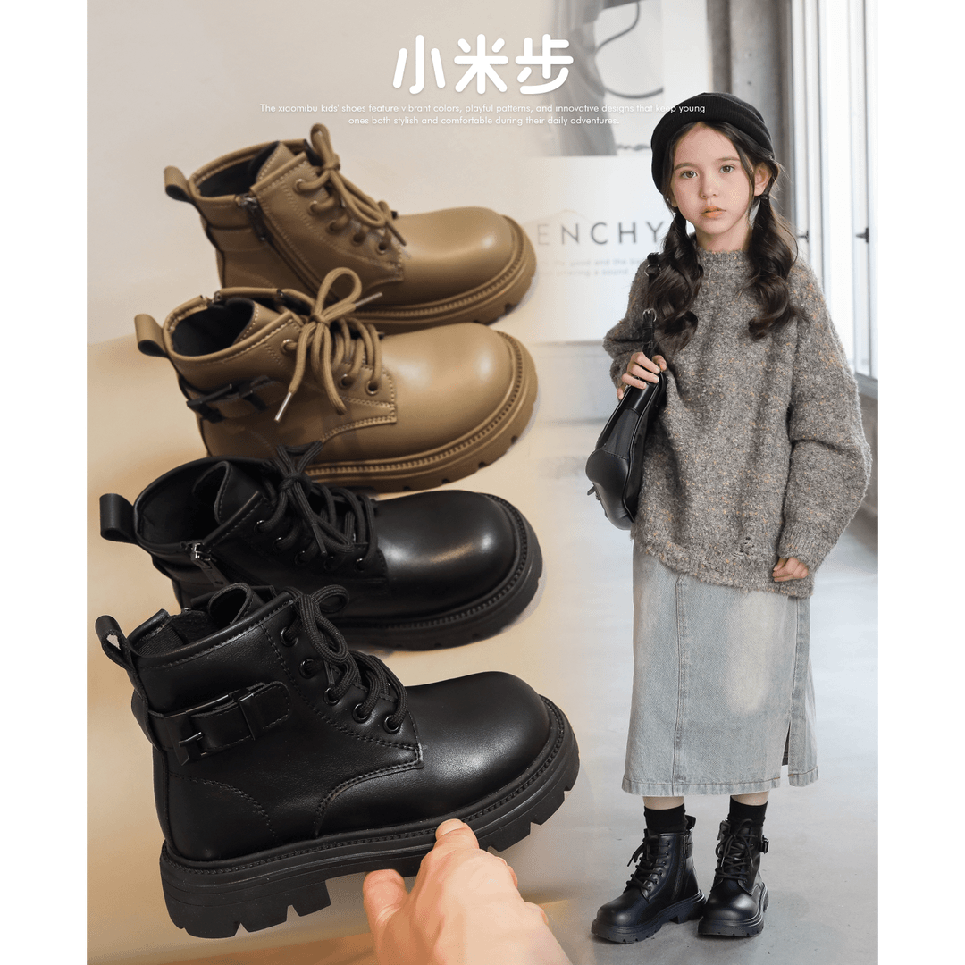 小米步✿姜糖✿女童靴子2023年秋冬季新款英伦风马丁靴中大童软底