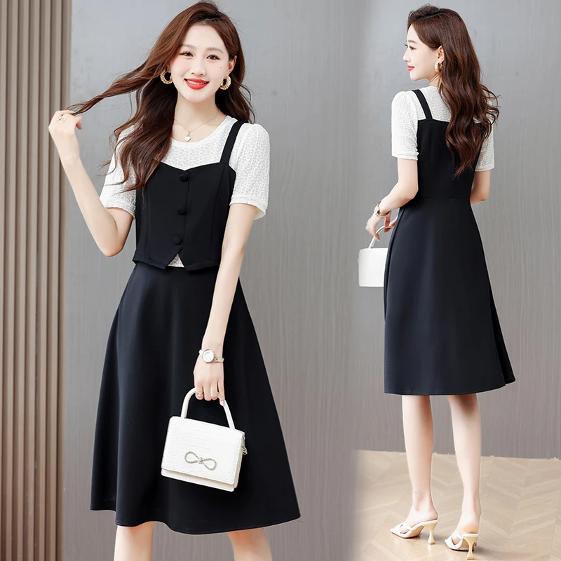 背带连衣裙夏装2024今年流行新款时尚女装洋气质减龄假两件套裙子