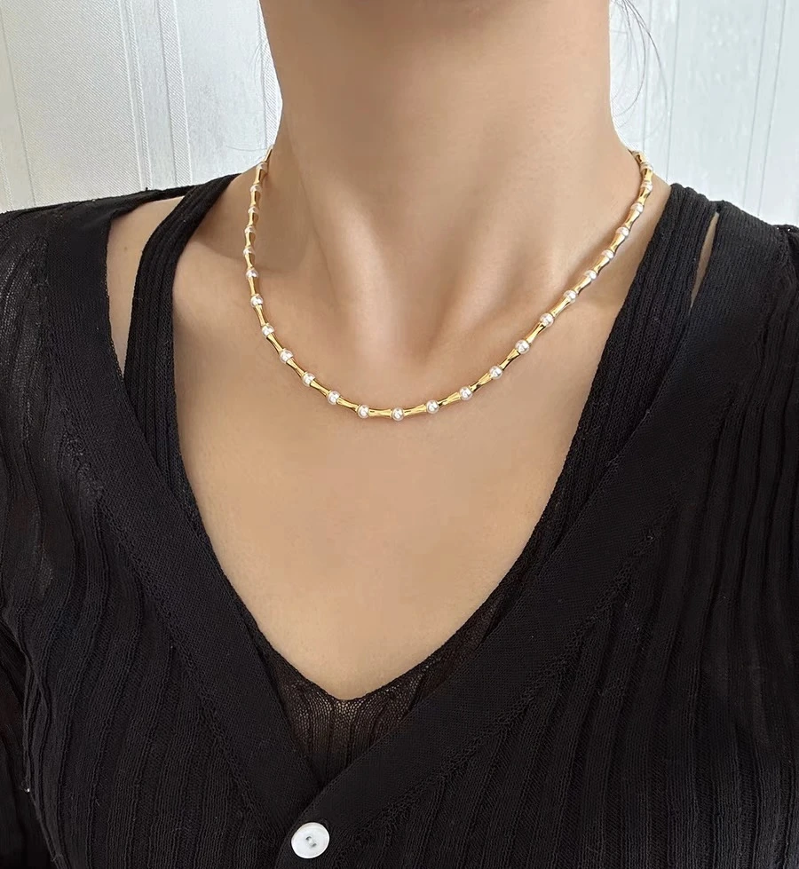 钛钢仿珍珠项链 气质轻奢时尚百搭小众简约项链冷淡风拼接个性