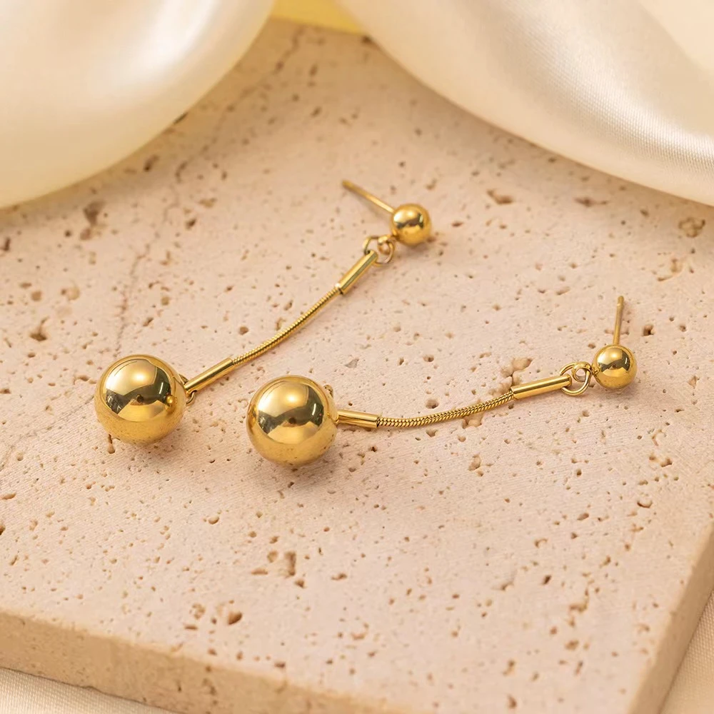 钛钢耳饰 气质轻奢时尚百搭简约长款金色光珠光面精致经典耳环