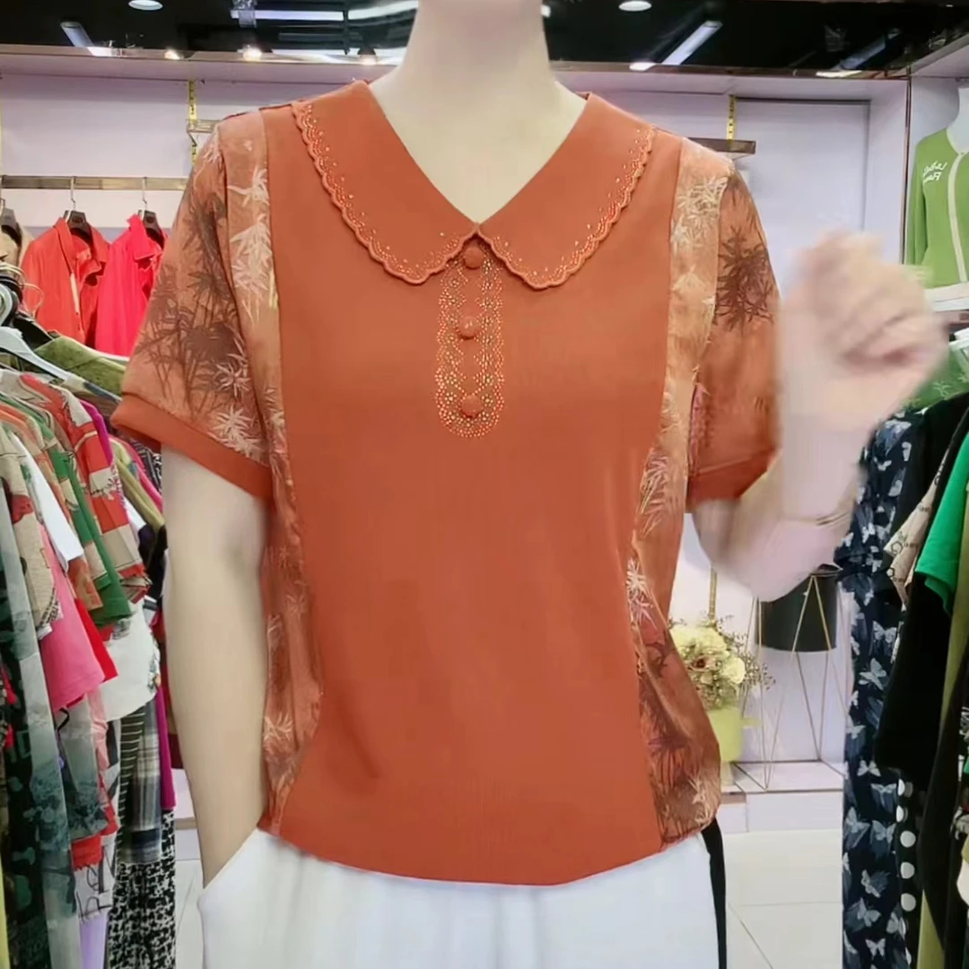 夏季女士娃娃领短袖压钻提花时尚休闲百搭显瘦宽松T恤241