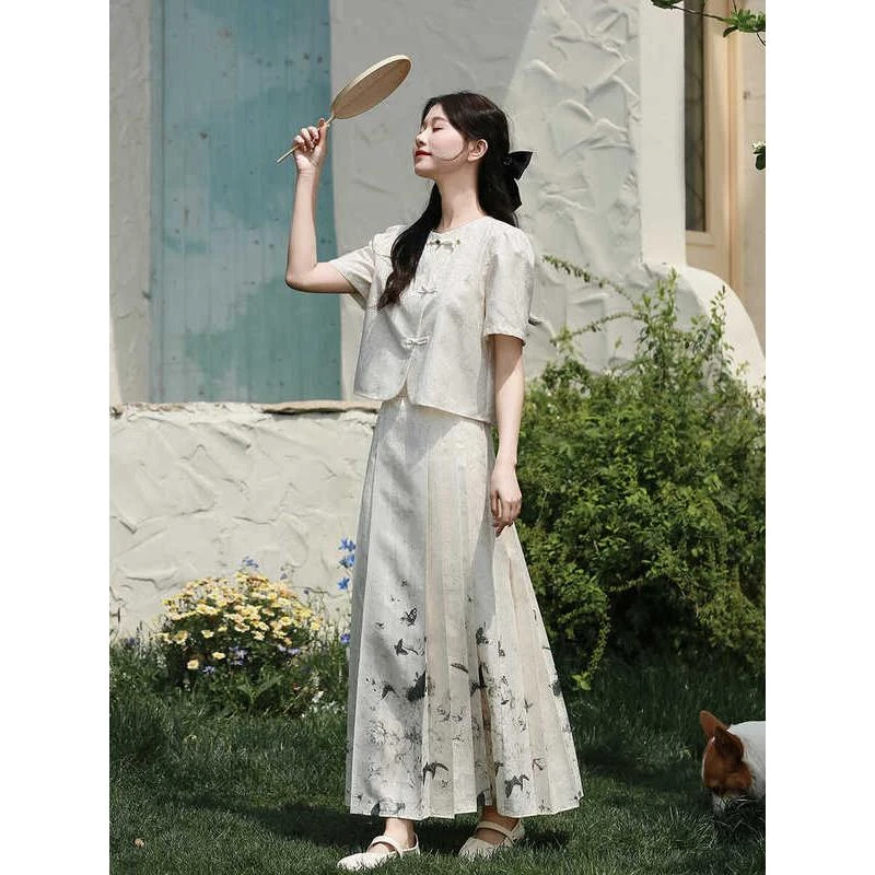 素色左岸新中式国风套装夏季复古马面半身裙女搭配盘扣气质小衫