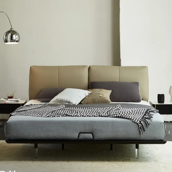 意式极简真皮床轻奢简约悬浮床主卧软包实木架床感应灯时尚简约风