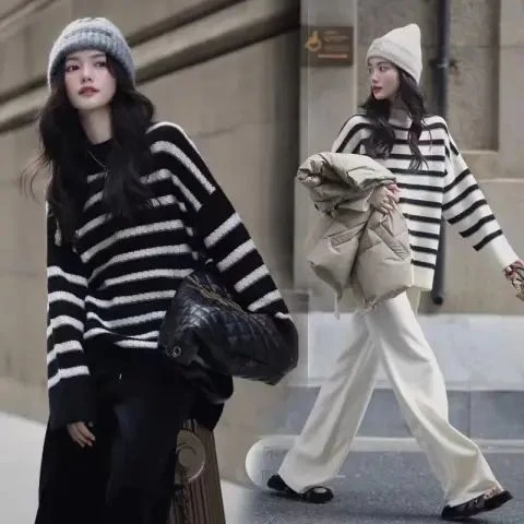 美式洋气条纹撞色毛衣女2023秋季新款宽松显瘦圆领套头针织衫外穿