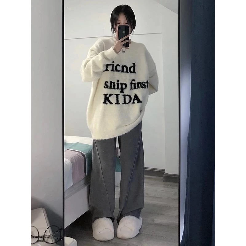 美式复古软糯针织毛衣女秋冬季设计感小众宽松奶fufu慵懒风上衣潮
