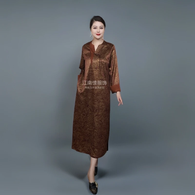 新中式连衣裙宋锦新款时尚百搭宽松显瘦复古长袖气质中长款中国风