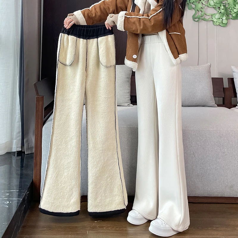 加绒加厚喇叭裤女冬季2025新款羊羔绒雪尼尔微喇女裤休闲阔腿裤子