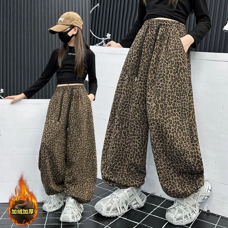 韩版冬季新款时尚休闲女童加绒豹纹裤长裤洋气宽松舒适百搭款卫裤