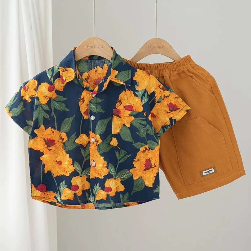 儿童短袖衬衫印花夏季薄款宝宝洋气男童沙滩风纯棉韩版宽松上衣潮