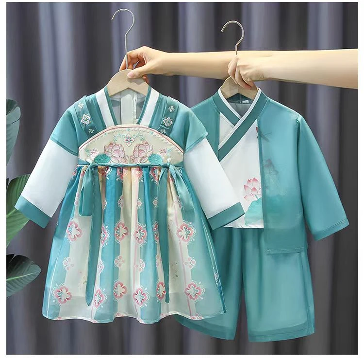 （荷塘雅韵长袖）国风唐装汉服印花套装儿童幼儿园表演服演出服