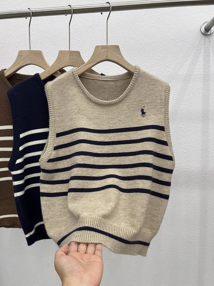 圆领刺绣条纹马甲女秋冬新款宽松无袖叠穿坎肩女孩女款毛衣